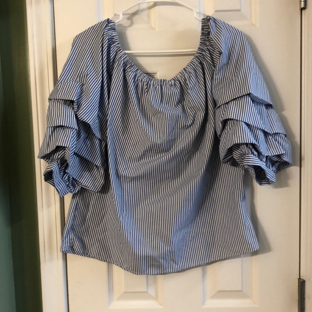 Blue and white stripper off the shoulder top
